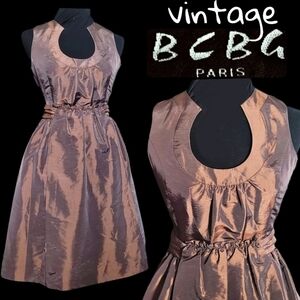 Vintage Bcbg 1990s Y2K brown taffeta ruffle waist midi dress